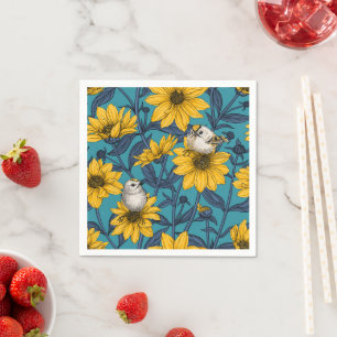 Wild sunflowers and goldcrest birds/ yellow  napkins