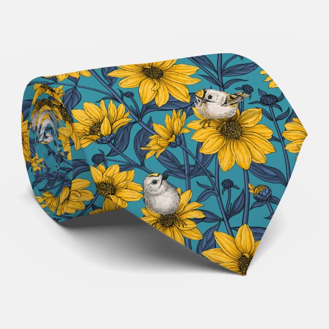 Wild sunflowers and goldcrest birds/ yellow neck tie (Rolled)