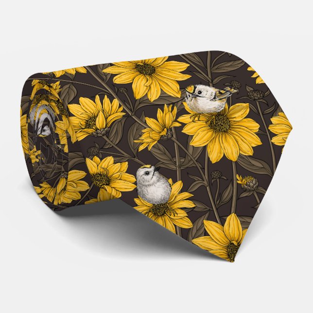 Wild sunflowers and goldcrest birds/ yellow neck tie (Rolled)