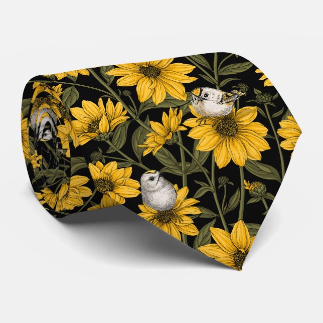 Wild sunflowers and goldcrest birds/ yellow neck tie (Rolled)