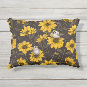 Wild sunflowers and goldcrest birds/ yellow  outdoor pillow
