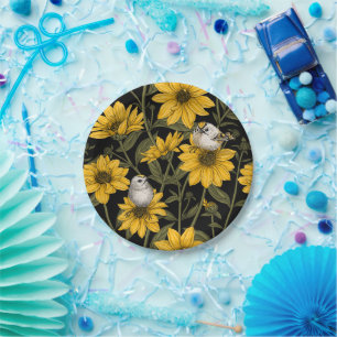 Wild sunflowers and goldcrest birds/ yellow paper plates