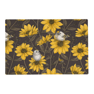 Wild sunflowers and goldcrest birds/ yellow placemat