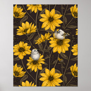 Wild sunflowers and goldcrest birds/ yellow poster