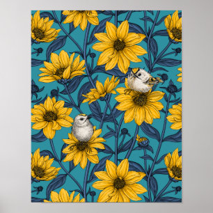Wild sunflowers and goldcrest birds/ yellow poster