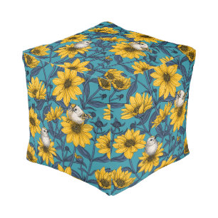 Wild sunflowers and goldcrest birds/yellow pouf