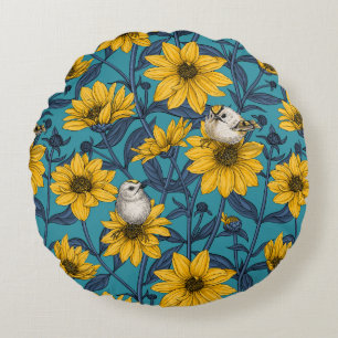 Wild sunflowers and goldcrest birds/yellow round pillow