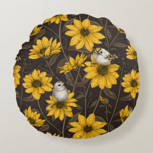 Wild sunflowers and goldcrest birds/yellow round pillow