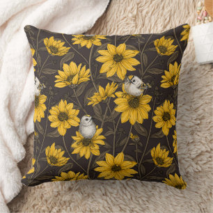 Wild sunflowers and goldcrest birds/ yellow throw pillow