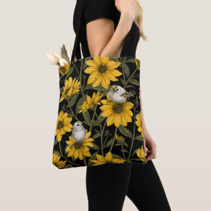 Wild sunflowers and goldcrest birds/ yellow tote bag