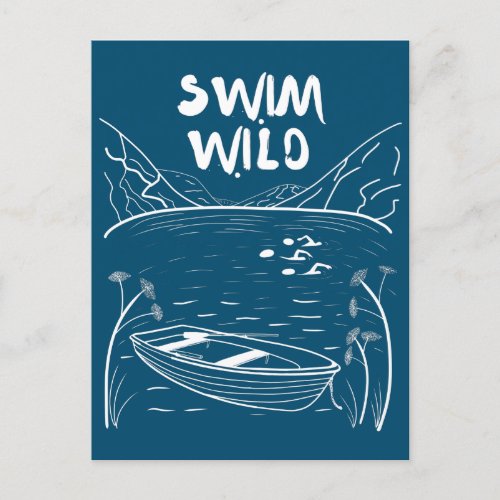 Wild swimming with friends in lake near boat postcard