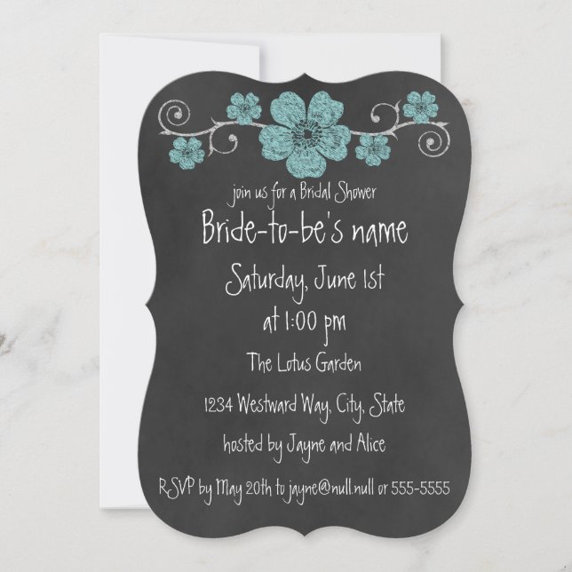 Wild Teal Roses Chalkboar Bridal Shower Invitation (Front)