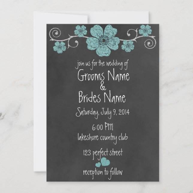 Wild Teal Roses Chalkboard Wedding Invitation (Front)