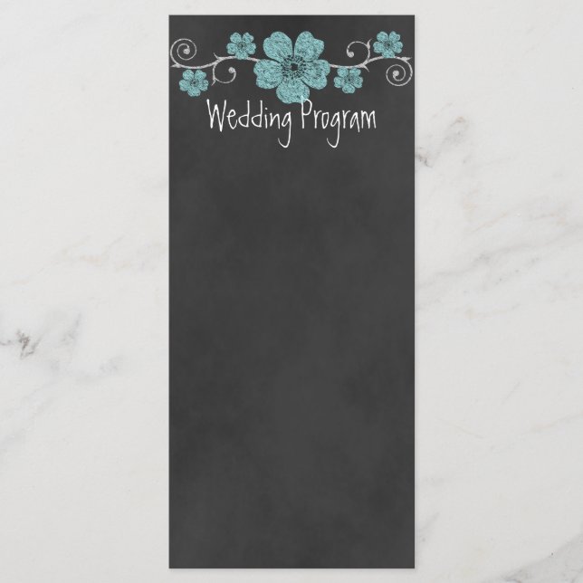 Wild Teal Roses Chalkboard Wedding Program Card (Front)