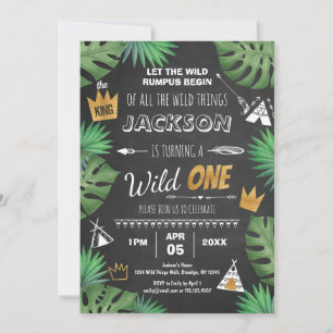 Wild Thing Glitter ONE Birthday Boy Chalkboard Inv Invitation