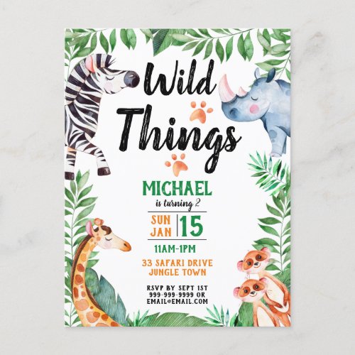 Wild Things Safari Animal Kids Birthday Invitation