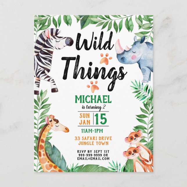 Wild Things Safari Animal Kids Birthday Invitation (Front)