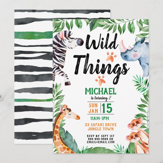 Wild Things Safari Animal Kids Birthday Invitation (Front/Back)