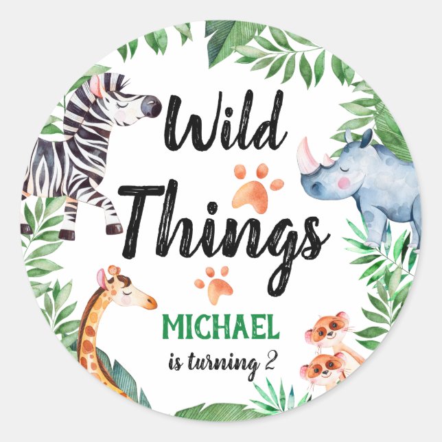 Wild Things Safari Animal Kids Birthday Party Classic Round Sticker (Front)