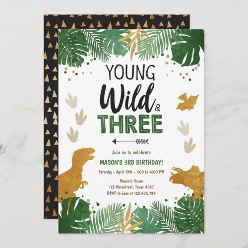Wild Three Dino Party Boy Gold Dinosaur Birthday Invitation