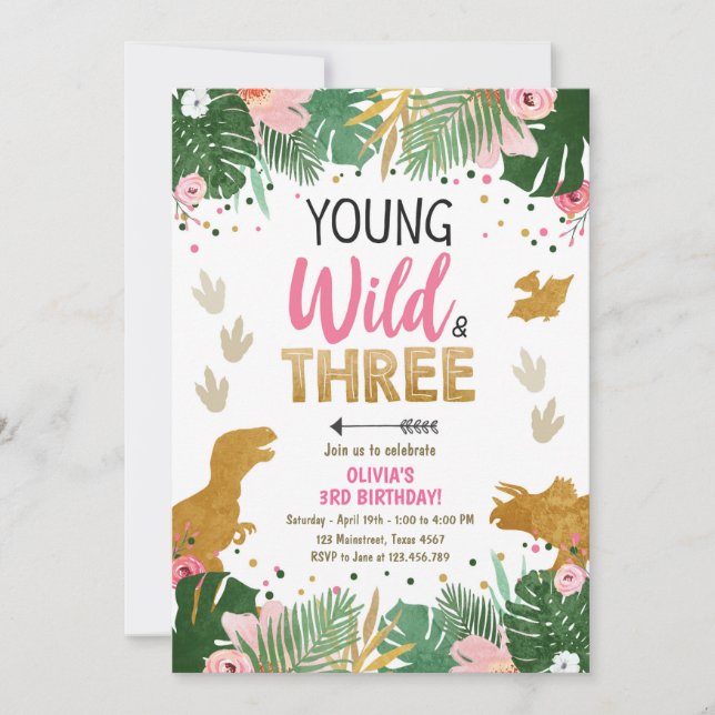 Wild Three Dino Party Girl Pink Dinosaur Birthday Invitation (Front)