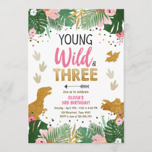 Wild Three Dino Party Girl Pink Dinosaur Birthday Invitation