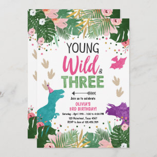 Wild Three Dino Party Girl Pink Dinosaur Birthday Invitation