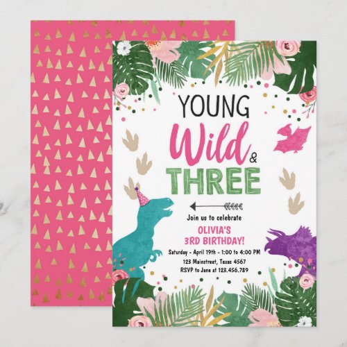 Wild Three Dino Party Girl Pink Dinosaur Birthday