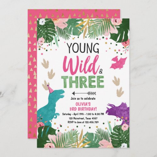 Wild Three Dino Party Girl Pink Dinosaur Birthday Invitation