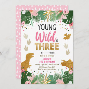 Wild Three Dino Party Girl Pink Dinosaur Birthday Invitation