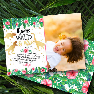 Wild & Three Girls Dinosaur Third Birthday Photo Thank You Card