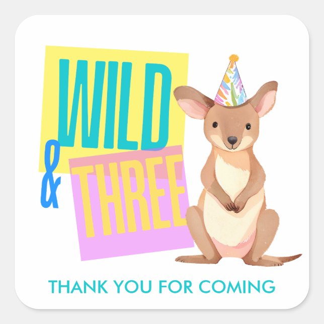 Wild & Three Kangaroo 3rd Birthday Favor Stickers (Front)