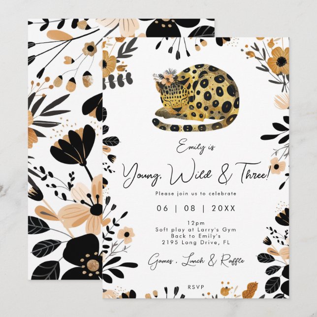 wild three leopard floral 3rd birthday invitation (Front/Back)