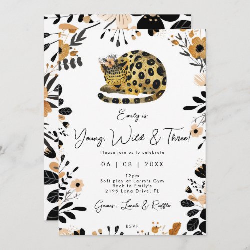 wild three leopard floral 3rd birthday invitation