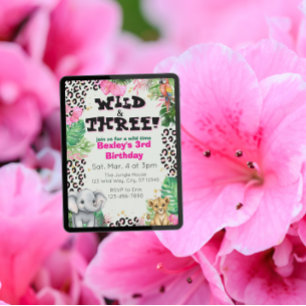 Wild & Three Pink Jungle Birthday Invitation