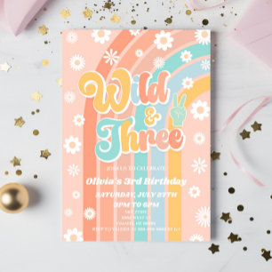 Wild & Three Rainbow Daisy 3rd Birthday Party Invitation