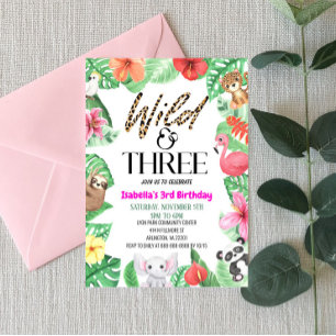 Wild & Three Tropical Animal 3rd Birthday Party In Invitation