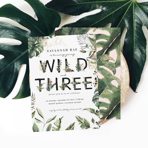 Wild  Three Tropical Greenery 3rd Birthday  Invitation