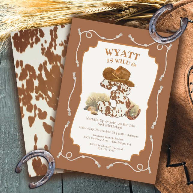 Wild & Three Western Cowboy Birthday Party Invitation (Creator Uploaded)