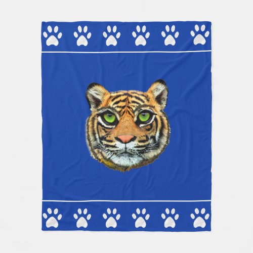 Wild Tiger and Paws on Blue Fleece Blanket