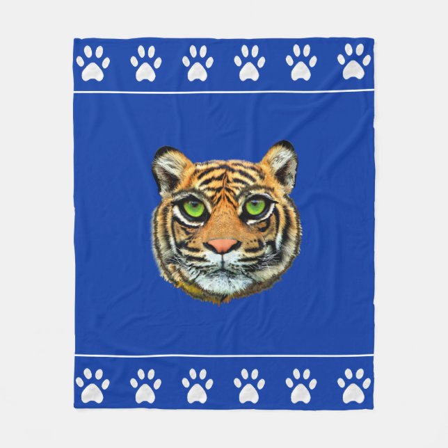 Wild Tiger and Paws on Blue Fleece Blanket (Front)