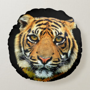 Wild Tiger Animal Face on Black Round Pillow
