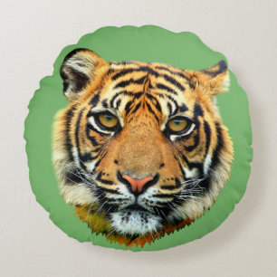 Wild Tiger Animal Face on Green Round Pillow