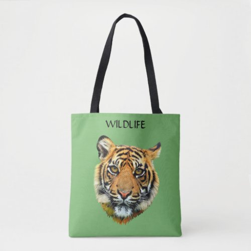 Wild Tiger Animal Face on Green Tote Bag