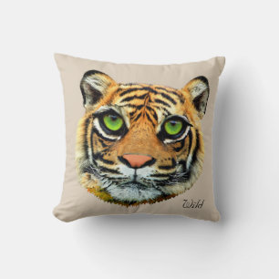 Wild Tiger Face on Beige Throw Pillow