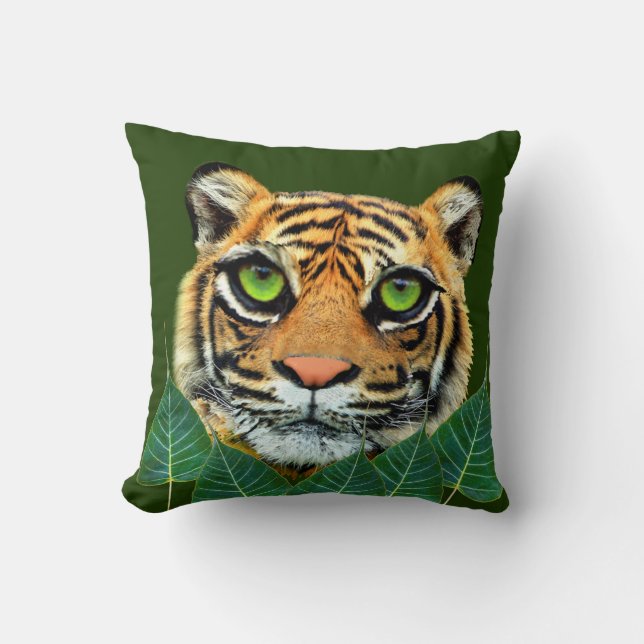 Wild Tiger Face on Forest Green Throw Pillow (Front)