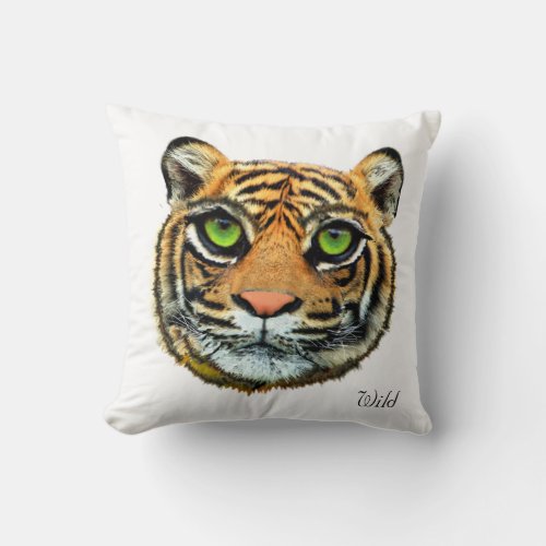 Wild Tiger Face on White Throw Pillow