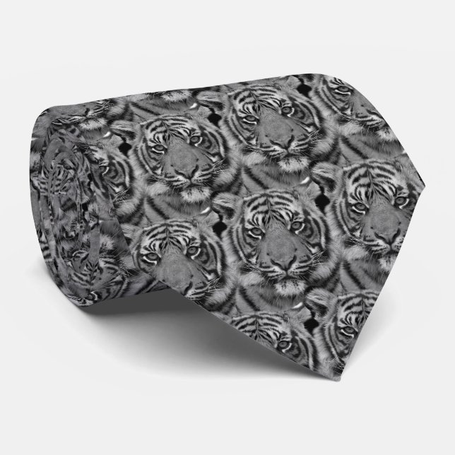 Wild Tiger Face Pattern in Gray Shades Neck Tie (Rolled)