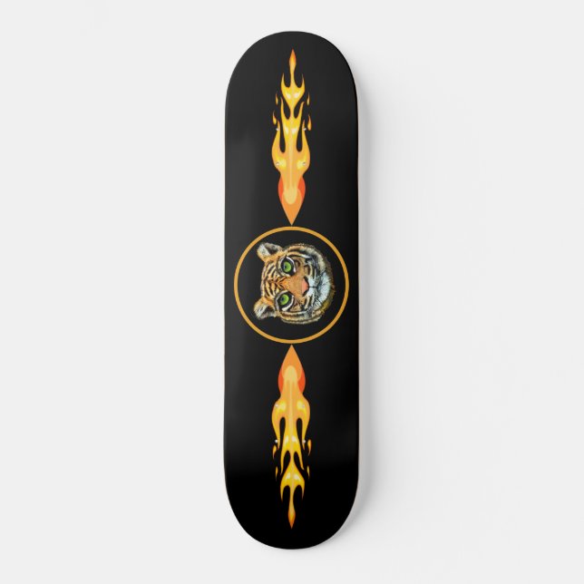 Wild tiger, flames on black Skateboard (Front)