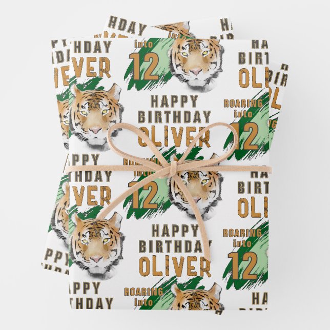 Wild Tiger Head Watercolor Birthday  Wrapping Paper Sheets (In situ)